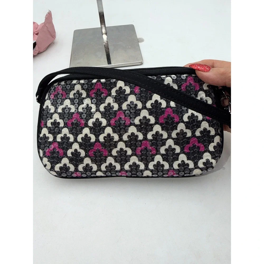Vera Bradley Sequin Wristlet Bag Black Fuchsia White Geometric Sparkle Clutch